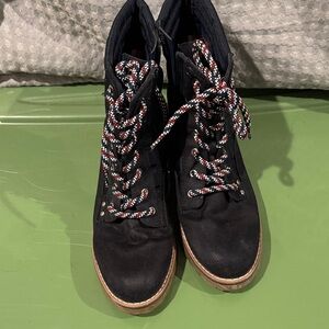 Tommy Hilfiger Navy Blue Combat Boots with Red and White Laces